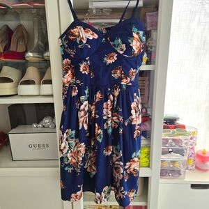 Blue summer mini floral dress with bustier style top